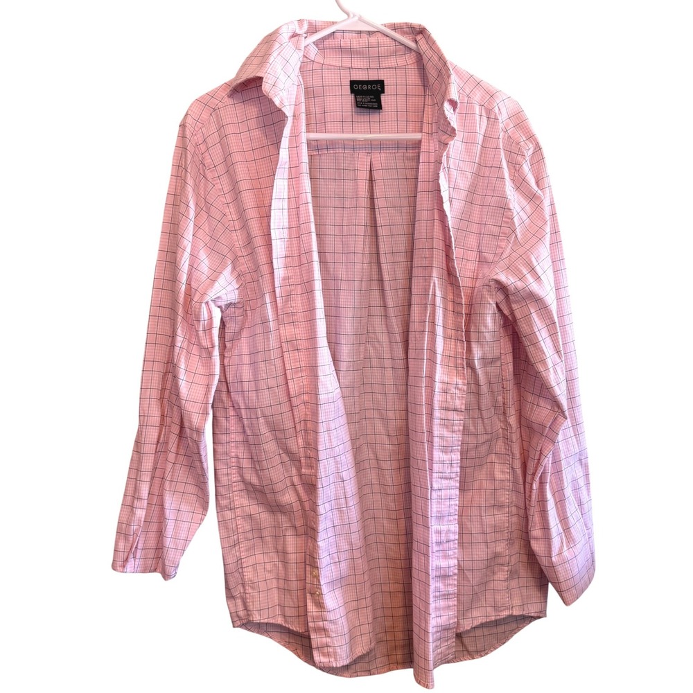 George Mens Pink Grid Check Button Down 100% Cotton Size‎ M 38/40 Long Sleeve